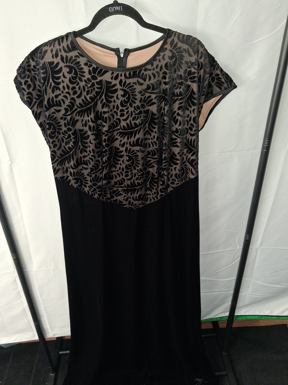 Black Maxi Dress with Taupe Floral Burnout Bodice Velvet Below Waist